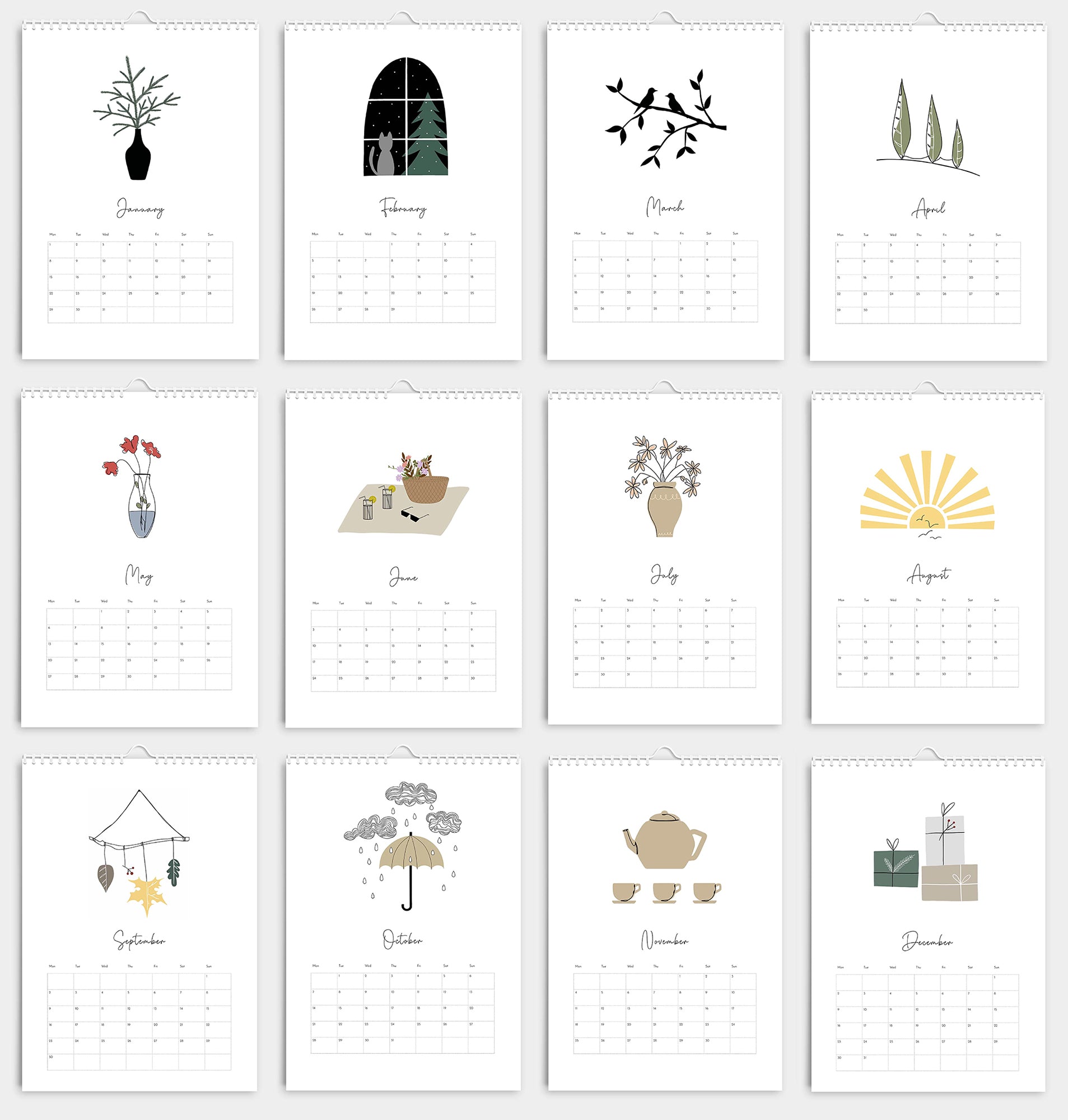 Eco-Friendly Illustrated Wall Calendar 2024” Embrace Happiness in Every Detail!” Unique Calendar, Modern Wall Calendar.