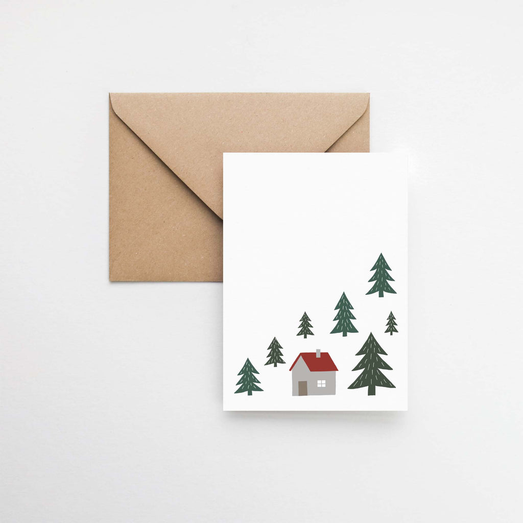Scandinavian house in the forest illustrated Christmas card