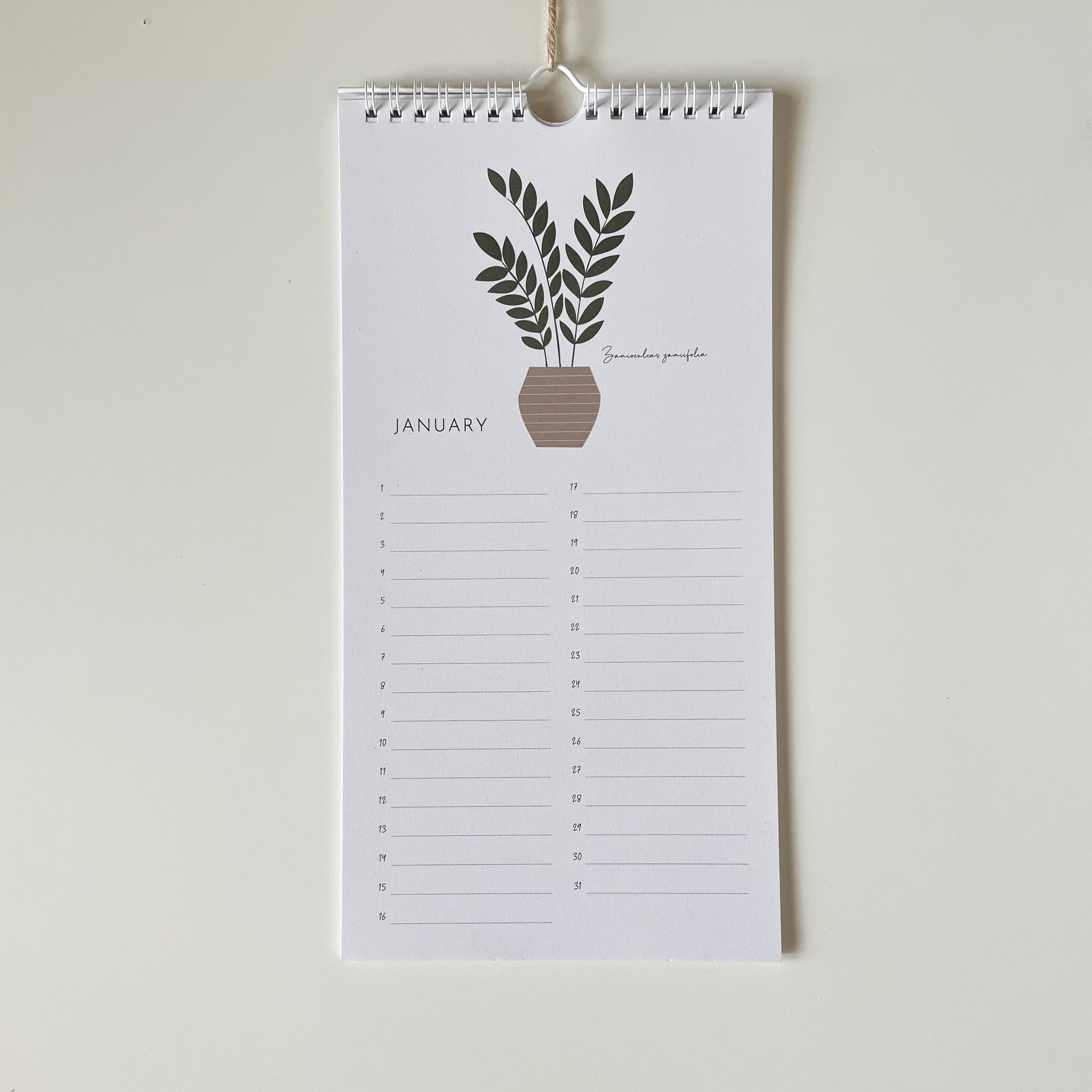 Wall-mounted calendar with plant design and January text on a plain background