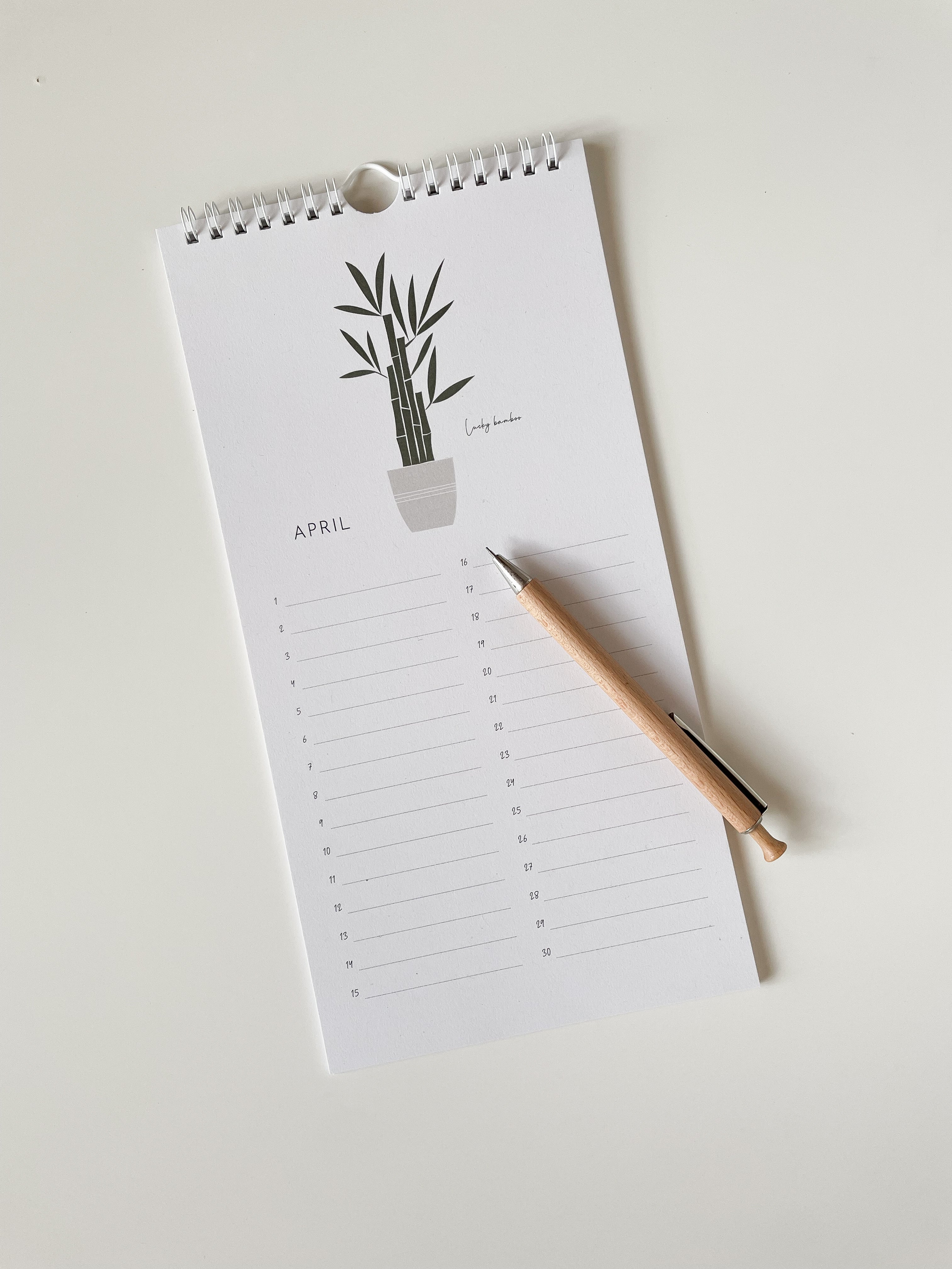 Monthly planner perpetual birthday calendar with a bamboo illustration on a white background