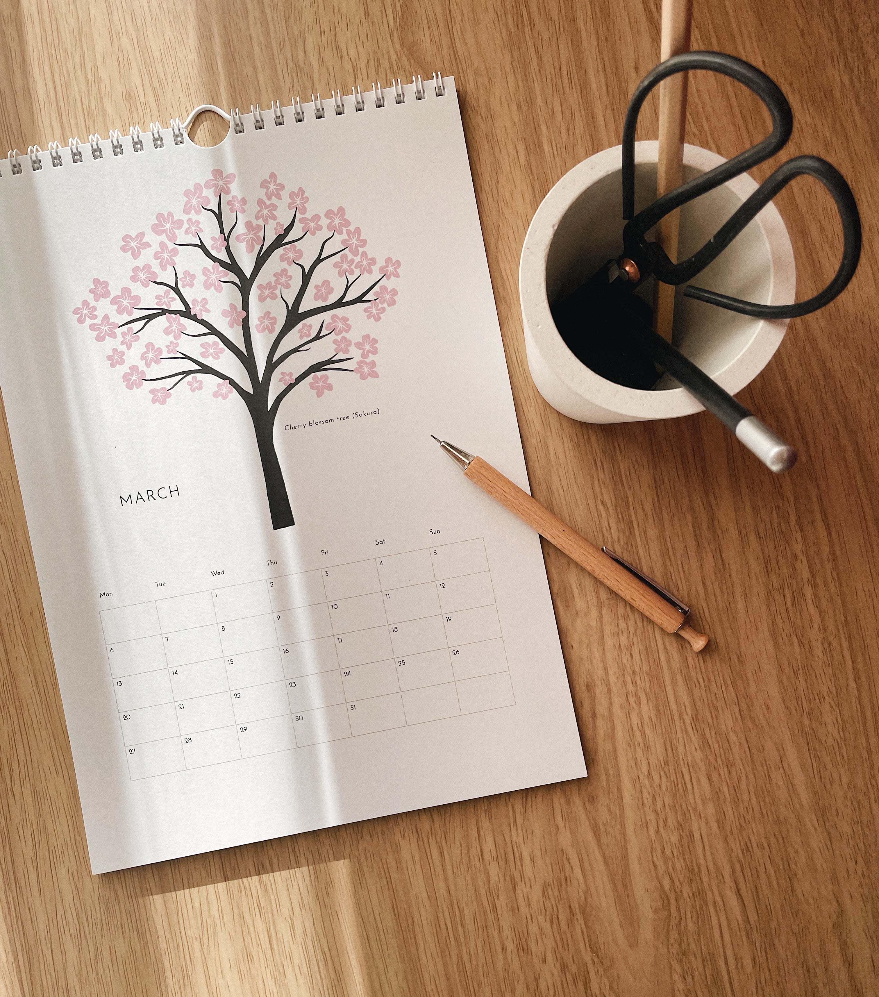 march sakura cherry blossom illustrated calendar 2023 elemente design