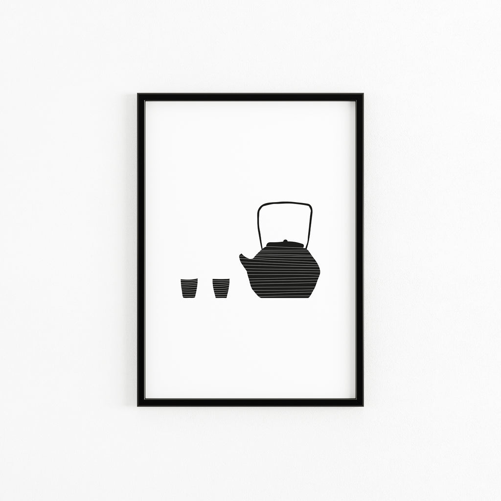 black and white poster Japanese tea set elemente design