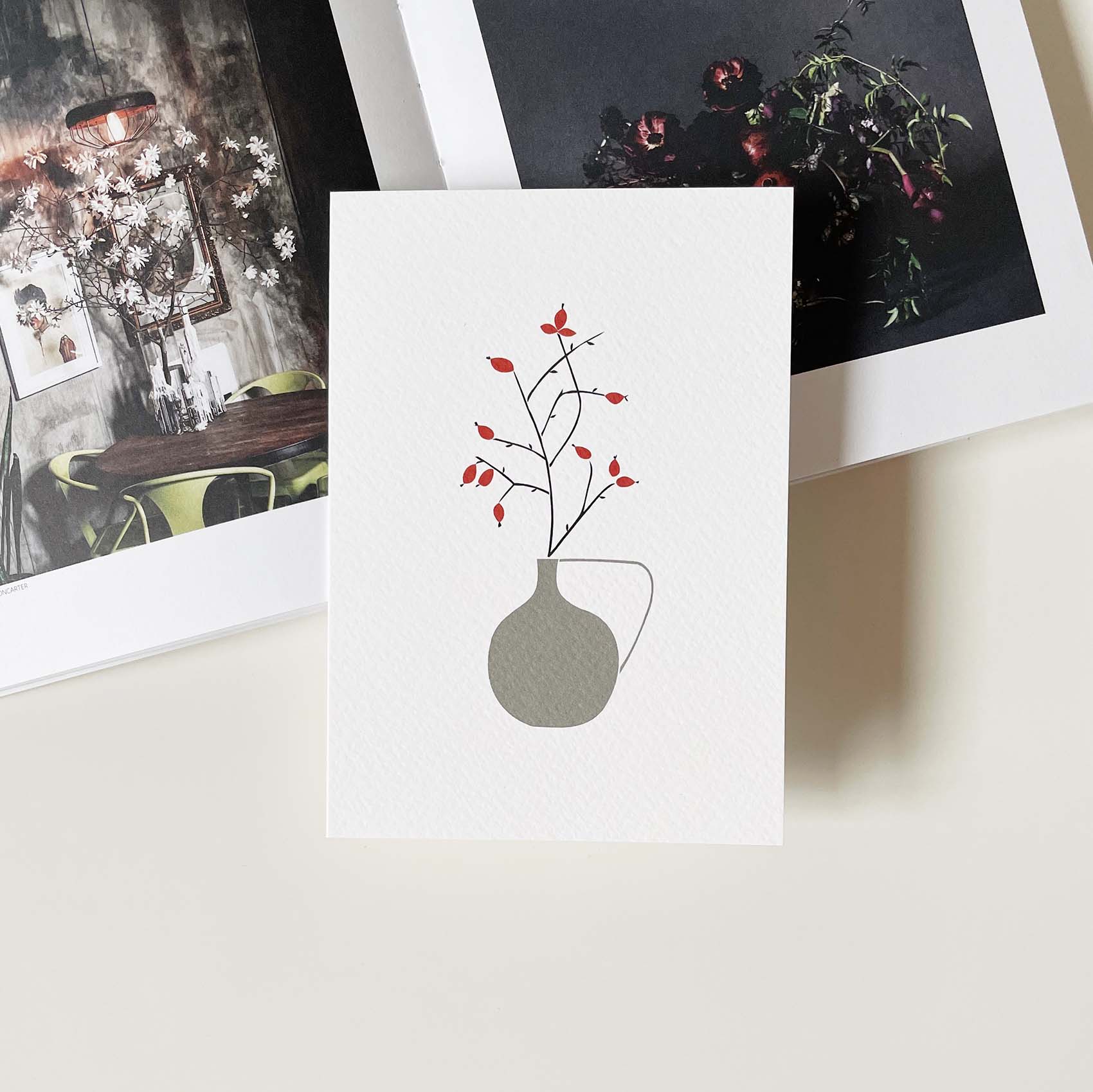 rosehip in vase greeting card elemente design