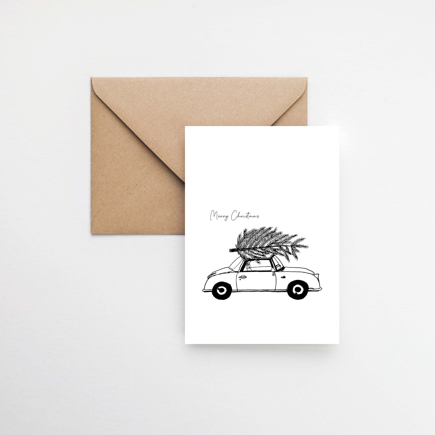 Car with Christmas tree black and white postcard elemente design